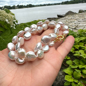 White Coin Pearl Necklace & Gold Vermeil Plated Silver Details, 18"inches, Marine Clasp