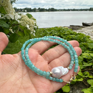 Blue Amazonite Beaded Necklace w Fresh Water White Baroque Pearl and Gold Filled Details, 17"inches