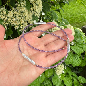 Amethyst & White Bar Pearls Necklace, Gold Filled 15.5"-18.5"inches, February Birthstone