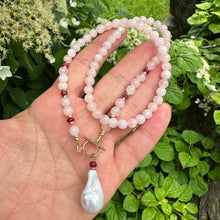 Load image into Gallery viewer, beautiful gemstones toggle necklace combining Soft pink morganite beads with tiny red Ruby rondelles separated with gold filled beads and finished with baroque pearl pendant 
