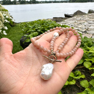 Sunstone and White Baroque Pearls Toggle Necklace, Gold Bronze & Gold Filled Artisan Details, 17.5"inches