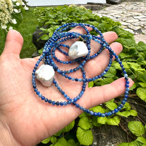 Single Strand of Blue Kyanite and two Large Baroque Pearls Lariat Necklace, September Birthstone, 48"inches