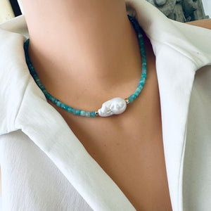 Blue Amazonite Beaded Necklace w Fresh Water White Baroque Pearl and Gold Filled Details, 17"inches