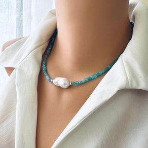 Blue Amazonite Beaded Necklace w Fresh Water White Baroque Pearl and Gold Filled Details, 17"inches