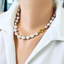 Load image into Gallery viewer, White Coin Pearl Necklace &amp; Gold Vermeil Plated Silver Details, 18&quot;inches, Marine Clasp
