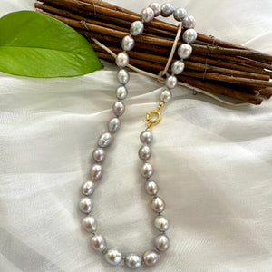 Hand-Knotted Grey Pearl Necklace & Gold Vermeil Plated Silver Details, 19"inches, Marine Clasp