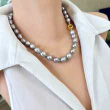 Load image into Gallery viewer, Hand-Knotted Grey Pearl Necklace &amp; Gold Vermeil Plated Silver Details, 19&quot;inches, Marine Clasp
