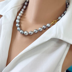 Hand-Knotted Grey Pearl Necklace & Gold Vermeil Plated Silver Details, 19"inches, Marine Clasp