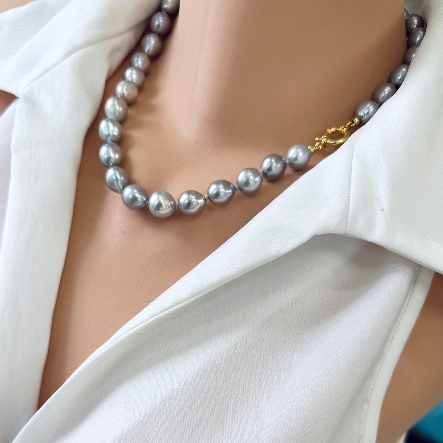 Hand-Knotted Grey Pearl Necklace & Gold Vermeil Plated Silver Details, 19