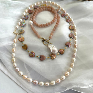 Sunstone and White Baroque Pearls Toggle Necklace, Gold Bronze & Gold Filled Artisan Details, 17.5"inches