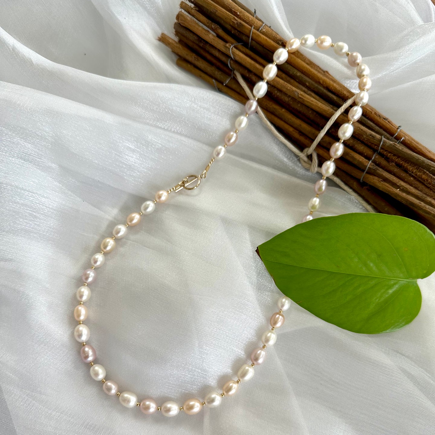 Classic Pastel Pearl Necklace of AAA+ Quality with Gold Filled Toggle Closure and Beads, 21.5