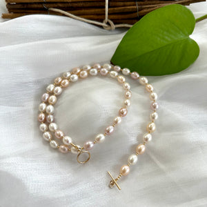 Classic Pastel Pearl Necklace of AAA+ Quality with Gold Filled Toggle Closure and Beads, 21.5"inches