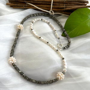 Natural Pyrite & Fresh Water Pearl Necklace, Asymmetric Pearl Necklace, Sterling Silver, 28"inch