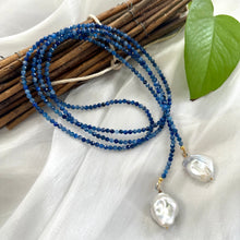 Cargar imagen en el visor de la galería, Single Strand of Blue Kyanite and two Large Baroque Pearls Lariat Necklace, September Birthstone, 48&quot;inches
