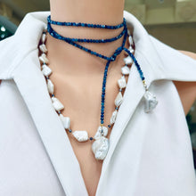 Cargar imagen en el visor de la galería, Single Strand of Blue Kyanite and two Large Baroque Pearls Lariat Necklace, September Birthstone, 48&quot;inches
