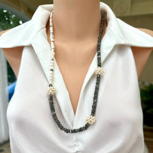 Load image into Gallery viewer, Asymmetric Pyrite &amp; Pearl Necklace, Silver, 28&quot;
