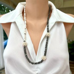 Natural Pyrite & Fresh Water Pearl Necklace, Asymmetric Pearl Necklace, Sterling Silver, 28"inch