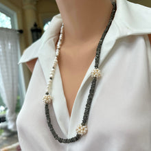 Load image into Gallery viewer, Asymmetric Pyrite &amp; Pearl Necklace, Silver, 28&quot;
