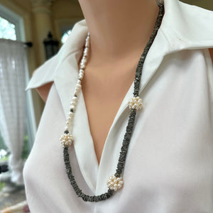 Asymmetric Pyrite & Pearl Necklace, Silver, 28"