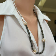 Load image into Gallery viewer, Asymmetric Pyrite &amp; Pearl Necklace, Silver, 28&quot;
