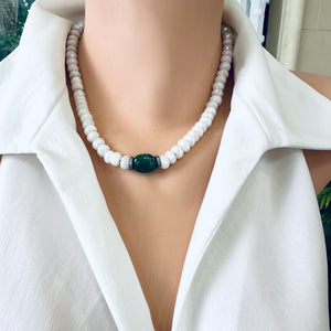 Emerald and White Silverite Choker Necklace with Diamonds. 17"inches