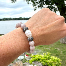 Load image into Gallery viewer, Light Pinkish Grey Jade Beads &amp; Freshwater Pearl Stretch Bracelet, Polymer Clay Rhinestones
