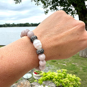 Light Pinkish Grey Jade Beads & Freshwater Pearl Stretch Bracelet, Polymer Clay Rhinestones