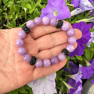 Chunky Lavender Jade Bracelet & Sparkly Black Rhinestones, Stretchy Polymer Clay Bracelets, 7"inches