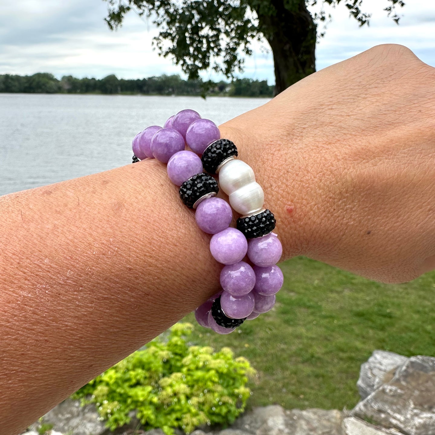 Chunky Lavender Jade Bracelet & Sparkly Black Rhinestones, Stretchy Polymer Clay Bracelets, 7