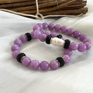 Chunky Lavender Jade Bracelet & Sparkly Black Rhinestones, Stretchy Polymer Clay Bracelets, 7"inches