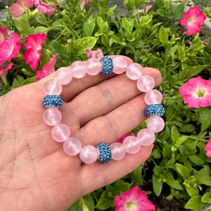 Chunky Pink Jade Bracelet & Sparkly Blue Rhinestones, Stretchy Polymer Clay Bracelets