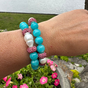 Teal Blue Jade Bracelet with Sparkly Pink Rhinestones, Stretchy Polymer Clay Bracelets