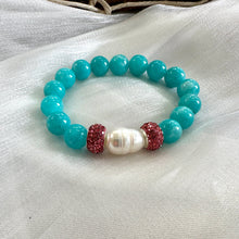 Load image into Gallery viewer, Teal Blue Jade Bracelet with Sparkly Pink Rhinestones, Stretchy Polymer Clay Bracelets
