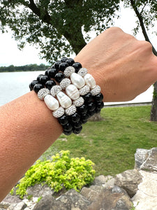 Chunky Black Onyx & Pearl Stretch Bracelet with Polymer Clay Rhinestones