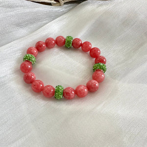 Chunky Red Jade Bracelet & Sparkly Blue or Green Rhinestones, Stretchy Polymer Clay Bracelets