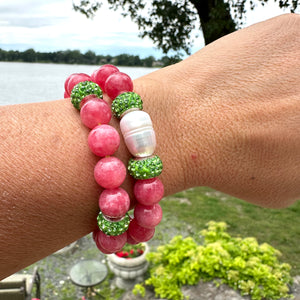 Chunky Red Jade Bracelet & Sparkly Blue or Green Rhinestones, Stretchy Polymer Clay Bracelet