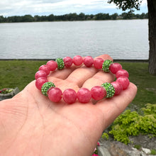 Load image into Gallery viewer, Chunky Red Jade Bracelet &amp; Sparkly Blue or Green Rhinestones, Stretchy Polymer Clay Bracelet
