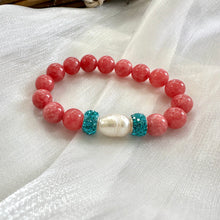 Load image into Gallery viewer, Chunky Red Jade Bracelet &amp; Sparkly Blue or Green Rhinestones, Stretchy Polymer Clay Bracelet
