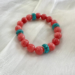 Chunky Red Jade Bracelet & Sparkly Blue or Green Rhinestones, Stretchy Polymer Clay Bracelet