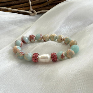 Pale Blue Opal Sediment Jasper & Freshwater Pearl Stretchy Bracelets with Pink Polymer Clay Rhinestones