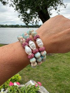 Pale Blue Opal Sediment Jasper & Freshwater Pearl Stretchy Bracelets with Pink Polymer Clay Rhinestones