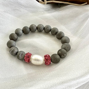 Silver Gray Druzy Agate Beads & Pearl Stretch Bracelet with Pink Polymer Clay Rhinestones, 7"inches