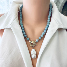 Load image into Gallery viewer, Aquamarine Necklace w Freshwater, Baroque Pearl, Artisan Gold Bronze &amp; Gold Filled components 20.5&quot;inches
