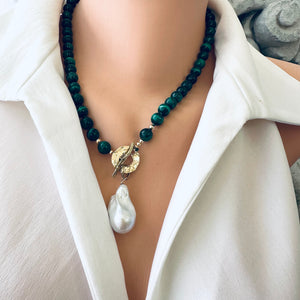 Green Malachite toggle necklace with large baroque pearl pendant. Artisan gold bronze and gold filled components. 19"inches long