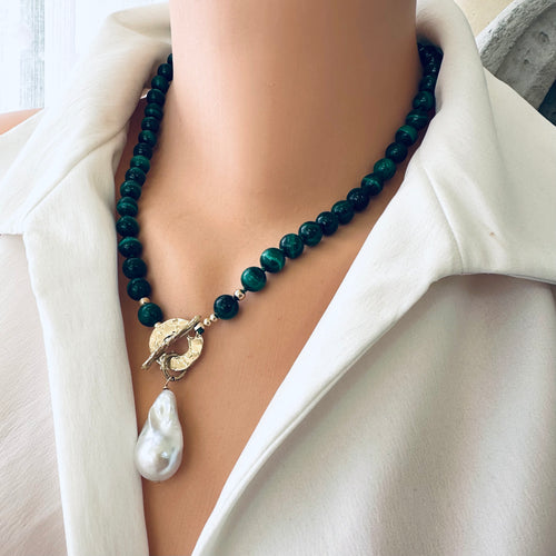 Green Malachite toggle necklace with large baroque pearl pendant. Artisan gold bronze and gold filled components. 19