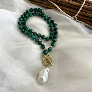 Green Malachite toggle necklace with large baroque pearl pendant. Artisan gold bronze and gold filled components. 19"inches long