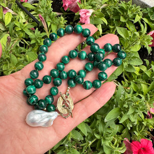 Green Malachite toggle necklace with large baroque pearl pendant. Artisan gold bronze and gold filled components. 19"inches long