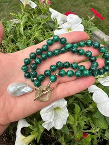 Green Malachite toggle necklace with large baroque pearl pendant. Artisan gold bronze and gold filled components. 19"inches long