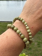 Load image into Gallery viewer, Genuine Beaded Olive Green Jasper Stretchy Bracelet in 6 or 8mm, Gold Filled, 7&quot;inches
