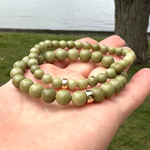 Load image into Gallery viewer, Genuine Beaded Olive Green Jasper Stretchy Bracelet in 6 or 8mm, Gold Filled, 7&quot;inches
